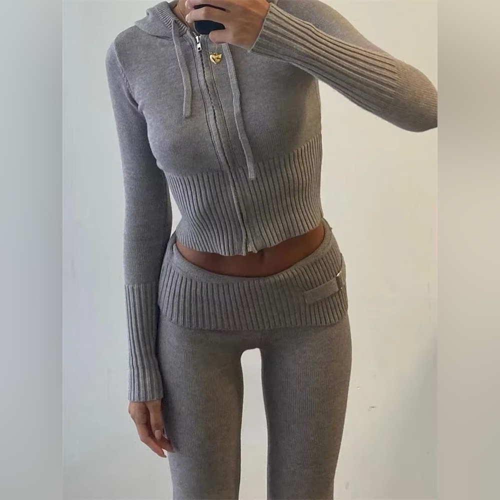 KNITTED SWEAT SUIT SET ZIP UP HOODIE XS